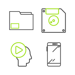 Poster - Set line Smartphone, mobile phone, Head people with play button, Floppy disk for computer data storage and Document folder icon. Vector