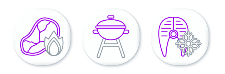 Sticker - Set line Fresh frozen fish steak, Grilled meat and fire flame and Barbecue grill icon. Vector