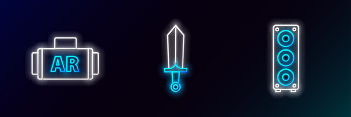 Set line Stereo speaker, Ar, augmented reality and Sword for game icon. Glowing neon. Vector