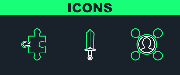 Poster - Set line Share, Piece of puzzle and Sword for game icon. Vector