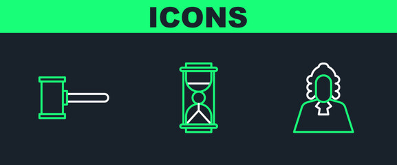 Poster - Set line Judge, gavel and Old hourglass with sand icon. Vector