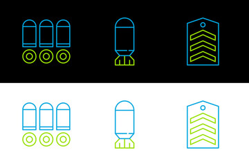 Sticker - Set line Chevron, Bullet and Aviation bomb icon. Vector