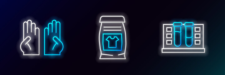 Sticker - Set line Test tube with water drop, Rubber gloves and Laundry detergent icon. Glowing neon. Vector