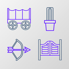 Poster - Set line Saloon door, Bow and arrow in quiver, Cactus peyote pot and Wild west covered wagon icon. Vector