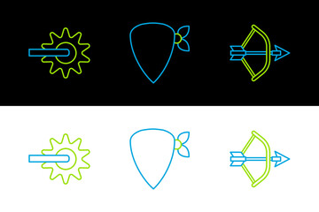 Sticker - Set line Bow and arrow in quiver, Spur and Cowboy bandana icon. Vector