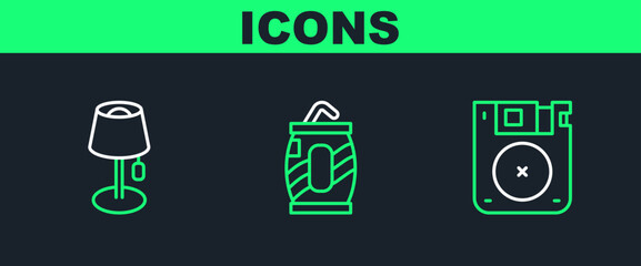 Sticker - Set line Floppy disk, Floor lamp and Soda can with straw icon. Vector