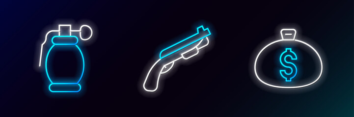 Sticker - Set line Money bag, Hand grenade and Police shotgun icon. Glowing neon. Vector