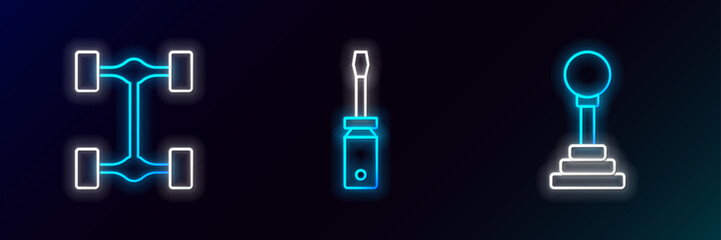 Sticker - Set line Gear shifter, Chassis car and Screwdriver icon. Glowing neon. Vector