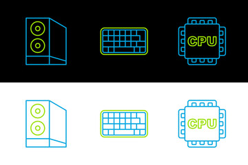 Poster - Set line Processor with CPU, Case of computer and Keyboard icon. Vector