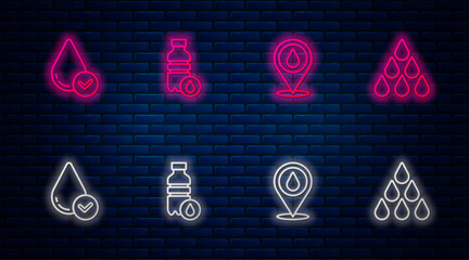 Wall Mural - Set line Bottle of water, Water drop with location, and . Glowing neon icon on brick wall. Vector