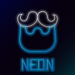 Poster - Glowing neon line Mustache and beard icon isolated on black background. Barbershop symbol. Facial hair style. Colorful outline concept. Vector