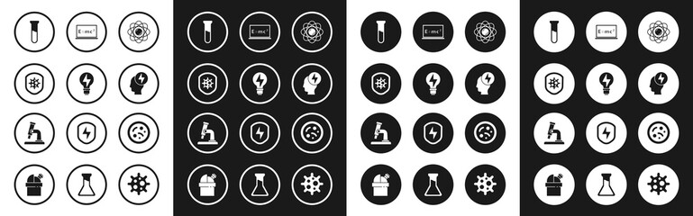 Wall Mural - Set Atom, Light bulb with lightning, Shield protecting from virus, Test tube and flask, Head electric symbol, Equation solution, Bacteria and Microscope icon. Vector