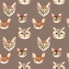 Watercolor Cat Pattern, Cute Fabric Design For Kids, Cat Breeds, British ,choco Background Seanpless Pattern, Scrapbooking,wallpaper,wrapping, Gift,paper, For Clothes, Children Textile,digital Paper, 
