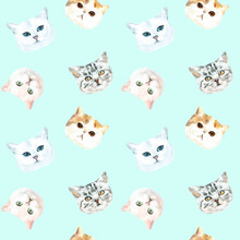 Watercolor Cat Pattern, Cute Fabric Design For Kids, Cat Breeds, British ,pale Background Seanpless Pattern, Scrapbooking,wallpaper,wrapping, Gift,paper, For Clothes, Children Textile,digital Paper, 