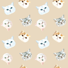 Watercolor Cat Pattern, Cute Fabric Design For Kids, Cat Breeds, British ,pale Background Seanpless Pattern, Scrapbooking,wallpaper,wrapping, Gift,paper, For Clothes, Children Textile,digital Paper, 