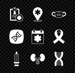 Poster - Set Patient record, Location hospital, Medical protective mask, Syringe, Human kidneys, DNA symbol, and Doctor appointment icon. Vector