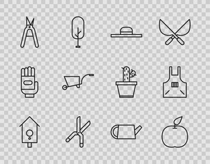 Sticker - Set line Retro wall watch, Apple, Worker hat, Gardening handmade scissors, Wheelbarrow, Watering can and Kitchen apron icon. Vector