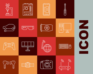 Canvas Print - Set line Router and wi-fi signal, Keyboard mouse, Computer monitor, Smartphone, mobile phone, glasses, Electric car, Microscope and Video graphic card icon. Vector