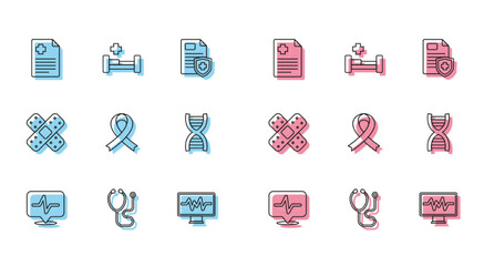 Poster - Set line Heart rate, Stethoscope, Patient record, Monitor with cardiogram, Awareness ribbon, DNA symbol, Crossed bandage plaster and Hospital bed icon. Vector