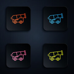 Sticker - Color neon line Cannon icon isolated on black background. Medieval weapons. Set icons in square buttons. Vector