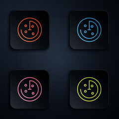 Sticker - Color neon line Radar with targets on monitor in searching icon isolated on black background. Search system. Navy sonar. Set icons in square buttons. Vector