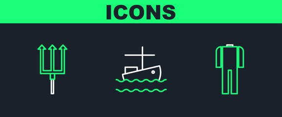 Wall Mural - Set line Wetsuit for scuba diving, Neptune Trident and Fishing boat on water icon. Vector