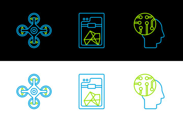 Sticker - Set line Human brain as digital circuit board, Drone and 3D printer icon. Vector