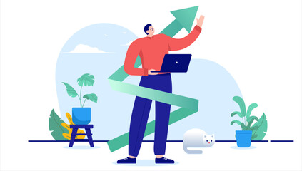 Poster - career growth - working man in office with computer and green arrow pointing upwards. business succe