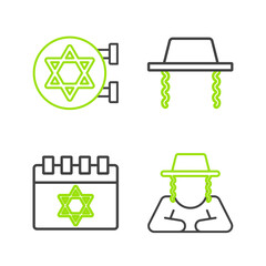 Sticker - Set line Orthodox jewish hat, Jewish calendar, and synagogue icon. Vector