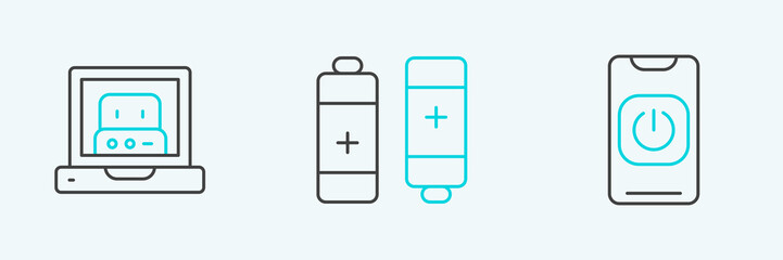 Poster - Set line Turn off robot from phone, Creating and Battery icon. Vector
