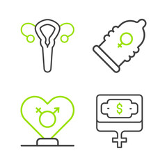 Sticker - Set line Money growth woman, Gender, Condom and Female reproductive system icon. Vector