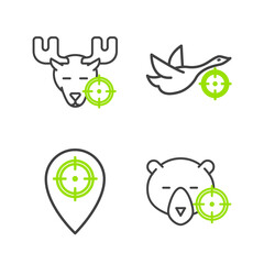 Wall Mural - Set line Hunt on bear with crosshairs, place, duck and moose icon. Vector