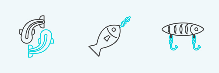 Sticker - Set line Fishing lure, and on hook icon. Vector