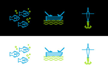 Sticker - Set line Fishing hook and float, and boat with fishing rod on water icon. Vector