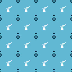 Wall Mural - Set Unicycle or one wheel bicycle and Magician hat on seamless pattern. Vector