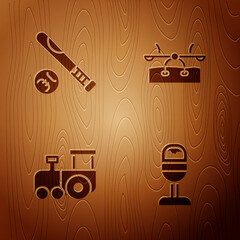 Wall Mural - Set Trash can, Baseball bat with ball, Toy train and Seesaw on wooden background. Vector