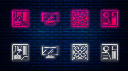 Poster - Set line Computer monitor screen, cooler, Motherboard digital chip and . Glowing neon icon on brick wall. Vector