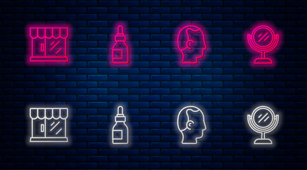 Wall Mural - Set line Oil bottle, Baldness, Barbershop building and Hand mirror. Glowing neon icon on brick wall. Vector