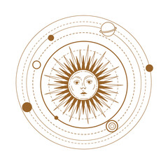 Wall Mural - Solar system vector illustration. Sun with a human face. Hand drawn celestial illustrations. Design elements for decoration in modern style. magical drawings. Vector modern print.