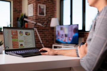 Poster - Woman employee analyzing business charts on laptop, using paperwork and research information to make data report. Working from home on startup analysis with web graphs, browsing internet.