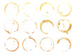Collection of circle from the bottom cup- real coffee water paint on white paper in many strokes and technique of a brush. Illustration aroma beverage brush as coffee art isolated PNG