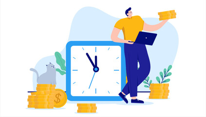 Leinwandbilder - Time is money - Man with clock and coins in hands making money during work hours. Flat design cartoon illustration with white background