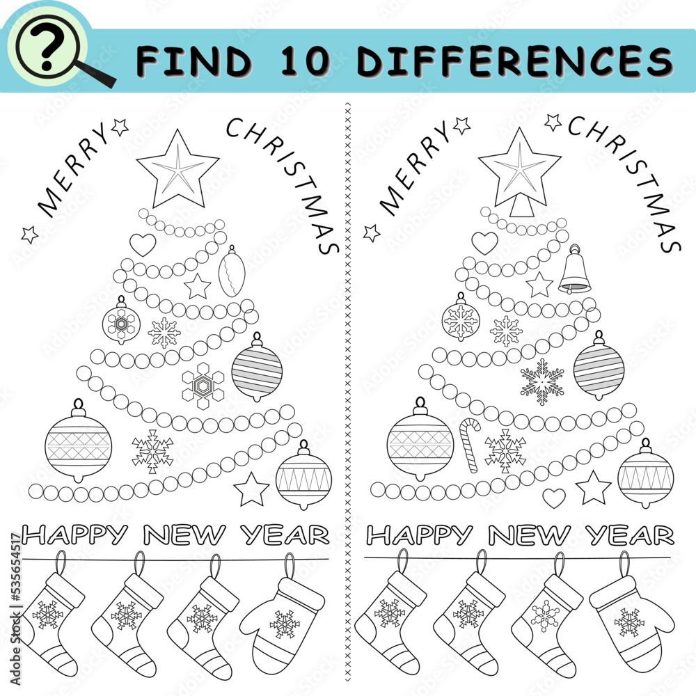 Find 10 differences. Coloring book page with christmas elements ...