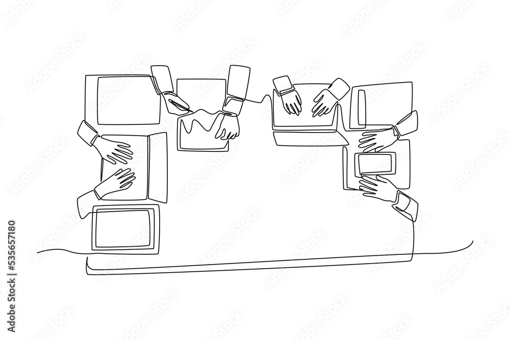 One continuous line drawing of coworkers and business team working ...