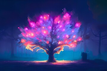 Wall Mural - A purple glowing tree at night