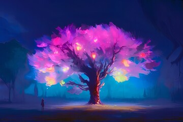 Wall Mural - A purple glowing tree at night