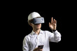 Man in business clothes architect or design engineer using VR headset goggles for design work in studio on black banner background.