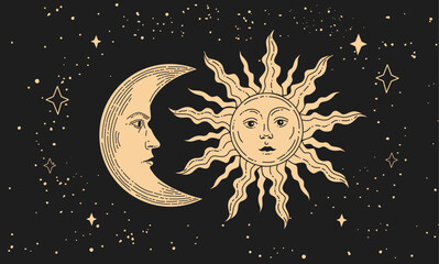 sun vector linear illustration. hand drawn celestial illustrations. design elements for decoration i