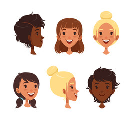 Wall Mural - Heads of happy teenage girls from different angles. Gaming hero portraits, people creation constructor cartoon vector illustration