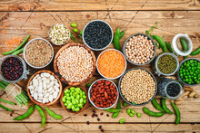 Legumes, Beans And Sprouts. Dried, Raw And Fresh, Top View. Lentils, Mung Beans, Chickpeas, Soybeans, Edamame, Peas, Healthy Diet Food, Vegan Protein, Micronutrients And Fiber Sources